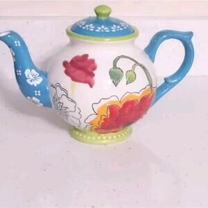 Vintage Dutch Wax Teapot Red Blue Floral Coastline Imports Ceramic